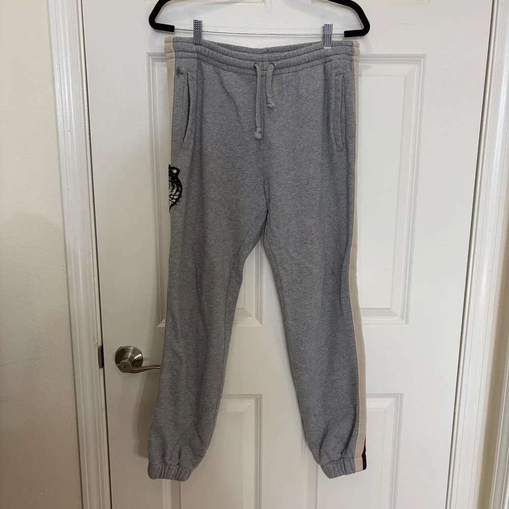 Gucci Mens Tiger Patch Logo Stripe Sweatpants Gray Joggers Made in Italy